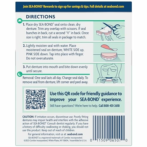 Sea-Bond denture sealant instructions with QR code.