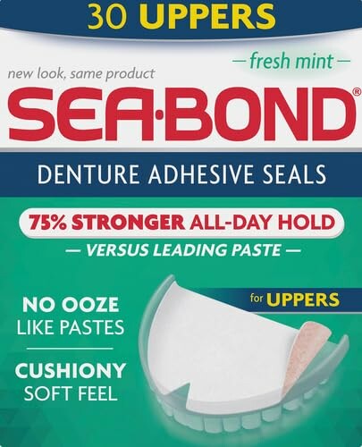 Sea-Bond denture adhesive seals packaging showing fresh mint flavor and 75% stronger hold.